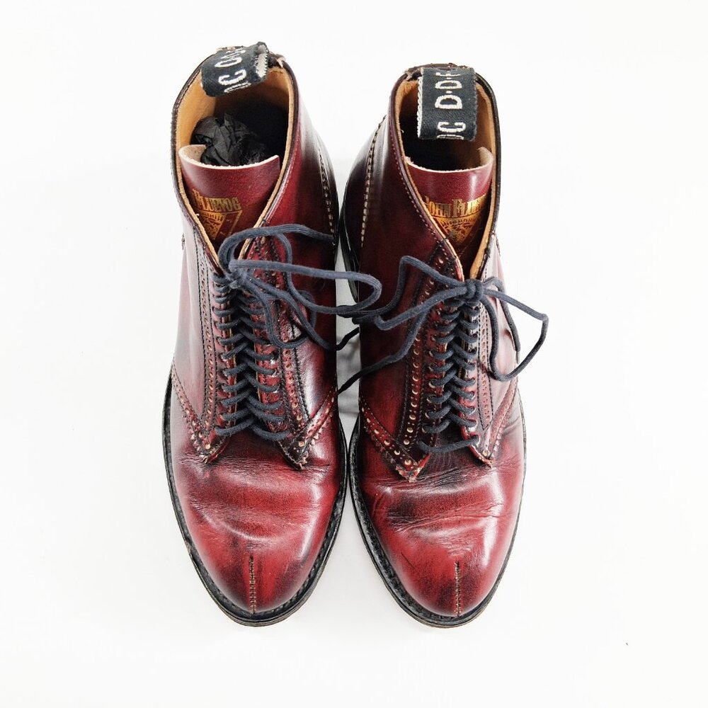 John Fluevog Burgundy Leather Brogue Wingtip Ankle Boots Pinked Lace UK5 US7 - Picture 3 of 15